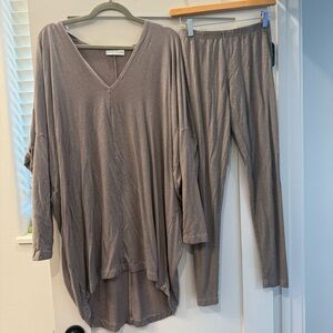 bryn Walker Taupe Relaxed V-Neck Top & Slim Lounge Pants Set